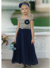 Gold Lace Navy Blue Tulle Ankle Length Flower Girl Dress